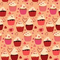 Cupcake of different colors. Whipped cream, ganache and chocolate. Background with dots and hearts. A hand-drawn contour illustration. Vector seamless pattern with baking.