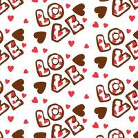 A pattern of a set of letters love in the form of cookies with icing. Ginger cookies in the shape of letters with a different contour of glaze. Background for printing a postcard with cookies vector