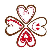 A set of hearts of different colors in the form of cookies with icing. Ginger cookies in the shape of hearts with a different kind of glaze. Background for printing holiday packaging, candy store vector