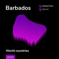 mapa 3d barbados. el mapa digital isométrico de neón vectorial rayado estilizado de barbados está en colores violetas sobre fondo negro. pancarta educativa vector