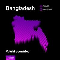 Bangladesh 3D map. Stylized neon digital isometric striped vector Bangladesh map is in violet and pink colors on black background. Educational banner, poster about Bangladesh