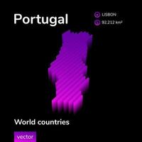 Portugal 3D map. Stylized neon digital isometric striped vector Map in violet and pink colors on the black background