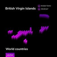 Islas vírgenes británicas mapa 3d. El mapa isométrico de neón vectorial rayado estilizado de las islas vírgenes británicas está en colores violetas sobre fondo negro vector