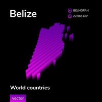 Belize 3D map. Stylized striped neon isometric digital vector Map of Belize is in violet colors on black background. Educational banner