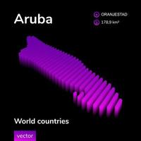 3D map of Aruba, Holland. Stylized neon isometric striped vector Aruba map is in violet colors on black background. Educational banner