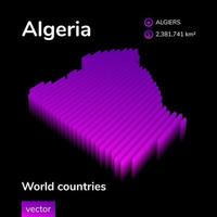 3D map of Algeria. Stylized neon digital isometric striped vector map of Algeria is in violet and purple colors on the dark blue background