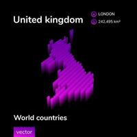 UK 3D map. Stylized neon digital isometric striped vector Map of United kingdom is in violet and pink colors on the black background