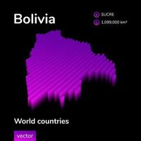 Bolivia 3D map. Stylized striped digital neon isometric vector Map of Bolivia is in violet colors on black background. Educational banner