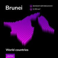 Brunei 3D map. Stylized striped isometric neon vector Map of Brunei is in violet and pink colors on black background. Educational banner.