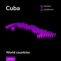 Cuba 3D map. Stylized striped vector isometric map of Cuba is in neon violett colors on black background. Educational banner