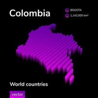 Colombia 3d map. Stylized izometric vector 3d map in neon violet colors on black background. Geography study poster, infographic element.