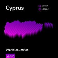 Cyprus 3D map. Stylized neon simple digital isometric striped vector Map of Cyprus is in violet and pink colors on black background. Educational banner.