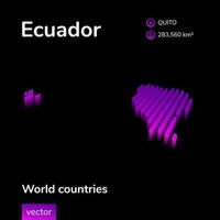 Ecuador 3D map. Stylized striped vector isometric map of Ecuador is in neon violet colors on black background. Ecuador map with information about country