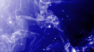 Abstract blue smoke flies in waves and flying particles are bright glowing with a blur effect. Abstract background. Video in high quality 4k, motion design