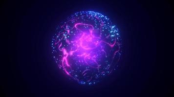 un' il giro viola pianeta con un' fuso nucleo nel il centro nel spazio, un' stella sfera con un energia magico raggiante campo di plasma. astratto sfondo. video nel alto qualità 4k, movimento design