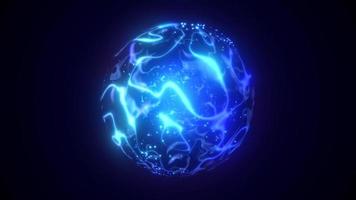 A round blue planet with a molten core in the center in space, a star sphere with an energy magical luminous field from plasma. Abstract background. Video in high quality 4k, motion design