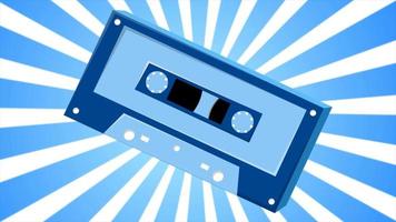 Retro audio music cassette for tape recorder old vintage hipster for geeks from 70s, 80s, 90s on blue rays background. Video in high quality 4k, motion design