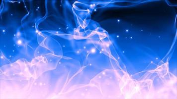 Abstract blue smoke flies in waves and flying particles are bright glowing with a blur effect. Abstract background. Video in high quality 4k, motion design