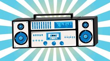 Retro-Audio-Musikkassetten-Tonbandgerät alter Vintage-Hipster für Geeks aus den 70er, 80er, 90er Jahren auf blauem abstrakten Strahlenhintergrund. Video in hoher Qualität 4k, Motion Design