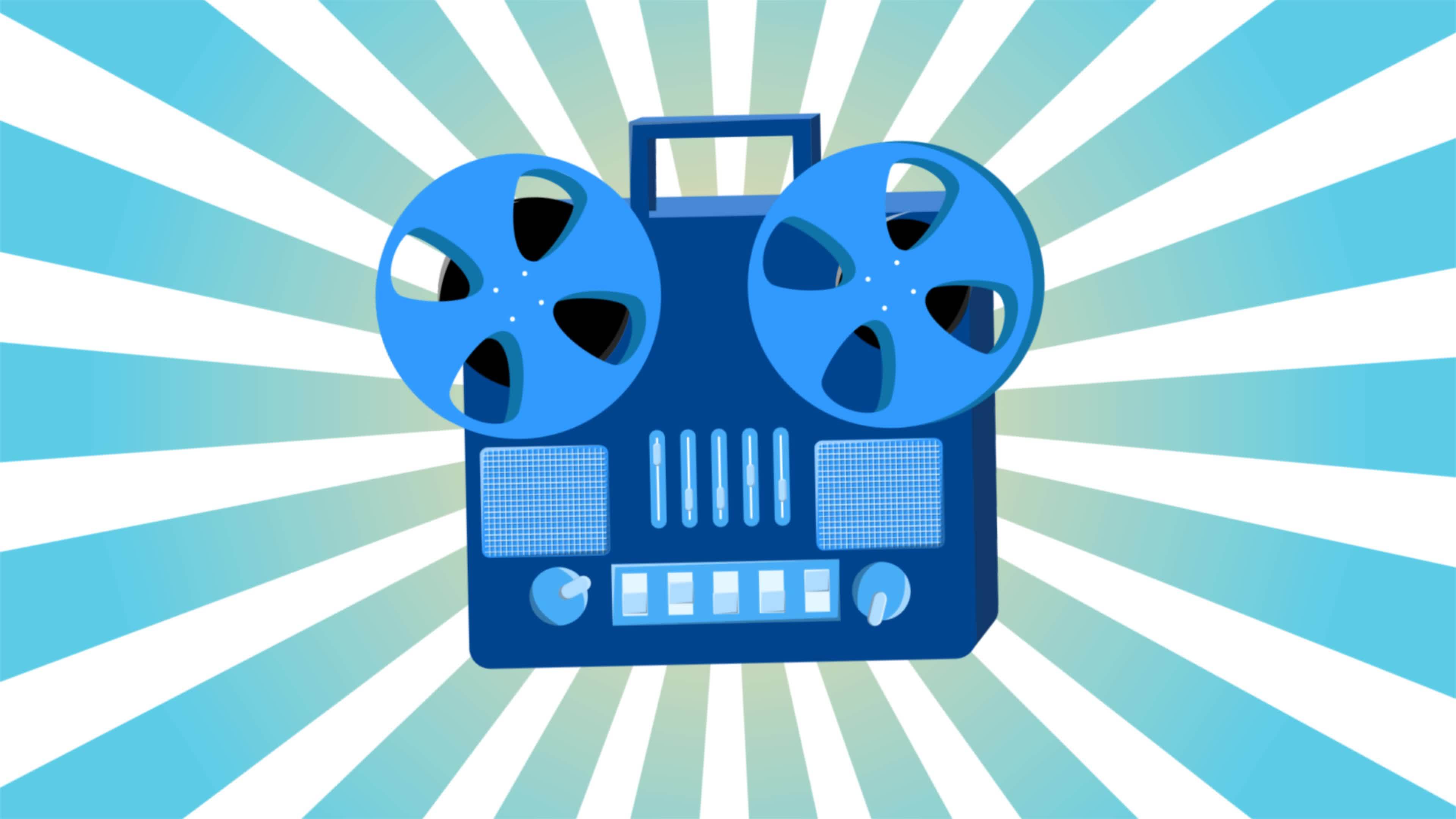 Retro audio music tape recorder old vintage with magnetic film reels  hipster for geeks from the 70s, 80s, 90s against the background of blue  rays. Video in high quality 4k, motion design