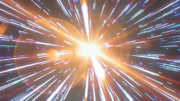 Abstract blue yellow flying stars bright glowing in space with particles and magical energy lines in a tunnel in open space with sun rays. Abstract background. Video in high quality 4k, motion design