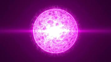 A beautiful round bright sphere of a luminous purple star burning with plasma magical energy on a black space background. Abstract background. Screensaver, video in high quality 4k