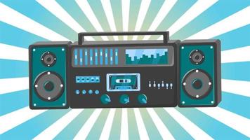 Retro-Audio-Musik-Tonbandgerät alter Jahrgang mit Audiokassetten-Hipster für Geeks aus den 70er, 80er, 90er Jahren auf blauem abstrakten Strahlenhintergrund. Video in hoher Qualität 4k, Motion Design