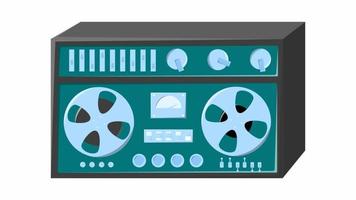 Retro audio music tape recorder old vintage with magnetic tape reels hipster for geeks from 70s, 80s, 90s isolated on white background. Video in high quality 4k, motion design