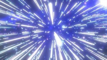 Abstract blue flying stars bright glowing in space with particles and magical energy lines in a tunnel in open space with sun rays. Abstract background. Video in high quality 4k, motion design