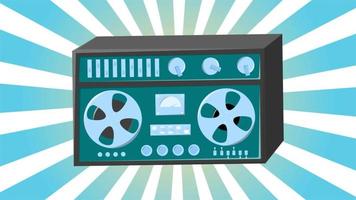 Retro audio music tape recorder old vintage with magnetic tape reels hipster for geeks from the 70s, 80s, 90s on blue abstract rays background. Video in high quality 4k, motion design