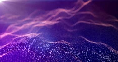 Futuristic abstract purple glowing wave lines from dots and particles of shining pixels magical energy glowing neon in sunbeams. Abstract background. Screensaver, video in high quality 4k