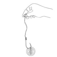 continuous line drawing coin on fishing hook illustration vector