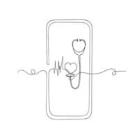 continuous line drawing mobile screen with stethoscope symbol for medical mobile illustration vector