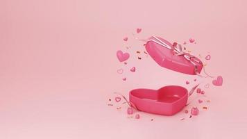 Open pink heart shape gift box with balloon hearts and confetti on pink background. Happy valentine's day, Wedding and Anniversary concept. 3D render. photo