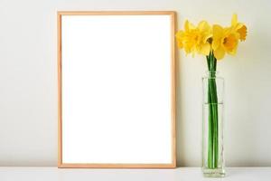 Narcissus flowers in vase and empty frame on white background photo