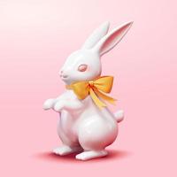 Easter white chocolate bunny. 3D Illustration of a standing rabbit made of white chocolate tied with a yellow ribbon bow on its neck isolated on pink background vector