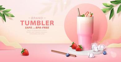 Pink tumbler banner ad. 3D Illustration of a gradient tumbler bottle loaded with strawberry shake displayed on podium, with berries, ice cubes and stainless straw around vector