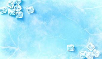 Icy surface background. 3D Illustration of groups of ice cubes scattered on upper left and bottom right of light blue surface covered in ice vector
