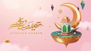 Pink Ramadan greeting card. 3D Illustration of a crescent moon and famous floating on an inverted cone podium in the sky on pink background. vector