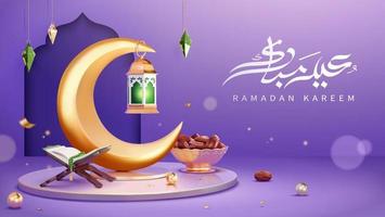 Purple Ramadan greeting card. 3D Illustration of a crescent moon, Quran, and a bowl of dried dates on purple background. vector