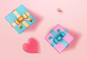 Ilustración 3d de dos cajas de regalo envueltas, una pequeña bola metálica y una decoración de corazón rojo aislada en un fondo rosa en posición plana vector