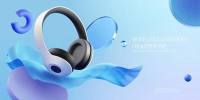 Wireless over ear headphone ad. 3D Illustration of over ear headphone displayed in front of floating fabric on blue background vector