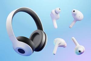 Maqueta de auriculares inalámbricos 3d. conjunto de auriculares inalámbricos realistas sobre los oídos y auriculares en los oídos aislados sobre fondo azul vector