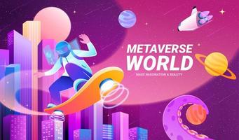 Man in metaverse world. Illustration of a man wearing a digital headset riding on a hoverboard in the sky on a cityscape background. Concept of human interacting with mixed reality vector