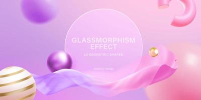 Pink background of 3d geometric shapes with glassmorphism circle plate in the center vector