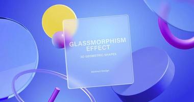 Blue background of 3d geometric shapes with glassmorphism square plate in the center vector