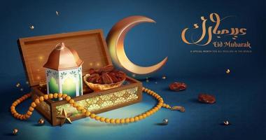 Dark blue Ramadan card. 3d Illustration of an opened Quran box with glowing fanoos and a bowl of dates inside, and a crescent moon in the back. vector