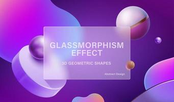 Purple background of 3d geometric shapes with glassmorphism rectangle plate in the center vector