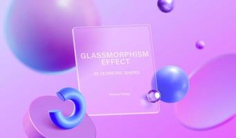 Violet background of 3d geometric shapes with glassmorphism square plate in the center vector