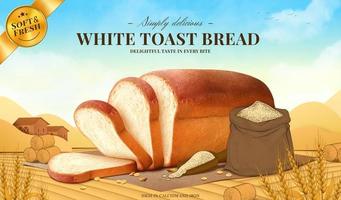 anuncio de pan tostado blanco. ilustración de una hogaza de pan blanco 3d hecho de harina de trigo sobre fondo de campo de trigo grabado vector
